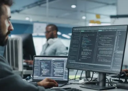 Man working on developing code for software products.