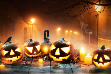 Scary horror background with halloween pumpkins jack o lantern,